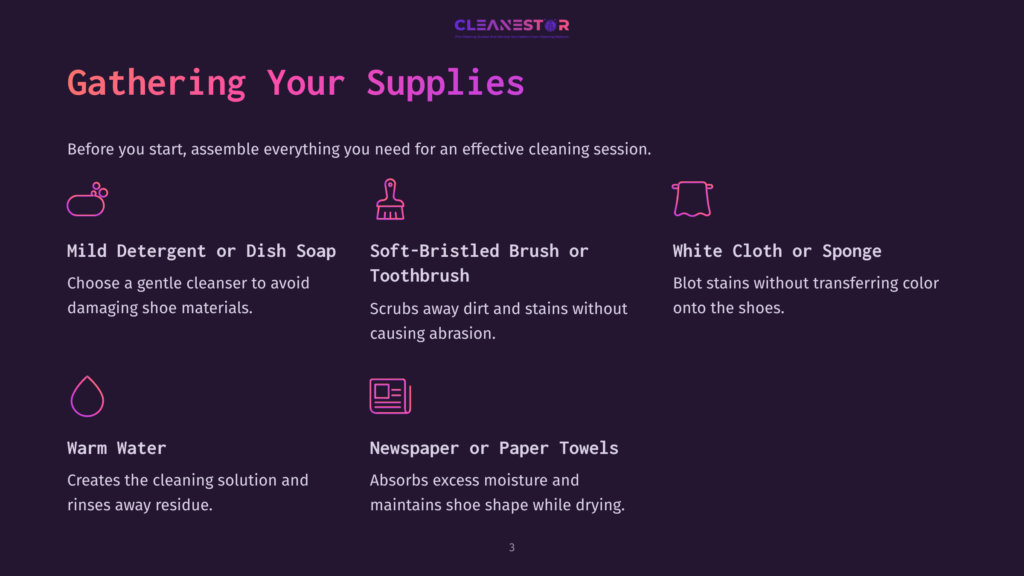 Supplies For Cleaning White Nike Running Shoes, Including Detergent, Brushes, Cloths, Water, And Towels, Listed With Brief Descriptions.