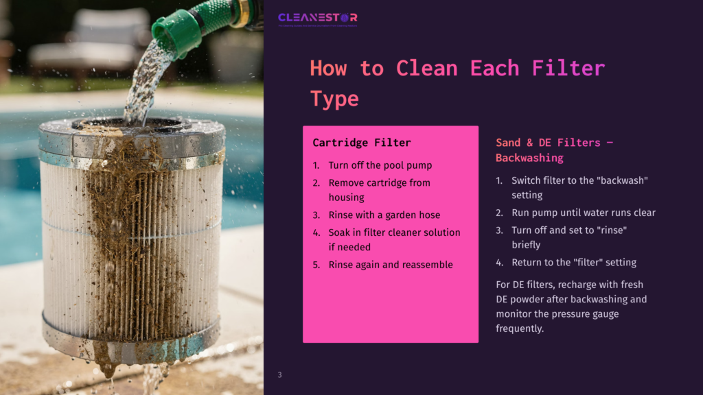 3 How To Clean Each Filter Type A Dirty Pool Filter Cartridge Being Rinsed With Water From A Green Garden Hose, With Text Overlay &Quot;How To Clean Each Filter Type&Quot; And &Quot;Cartridge Filter&Quot; Instructions.