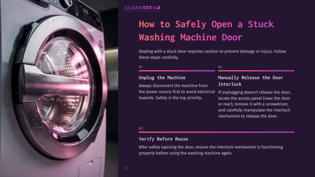 Close-Up Of A Washing Machine Door Handle, With A Silver Metallic Finish. The Machine Is White, Surrounded By Step-By-Step Instructions In Purple Text.