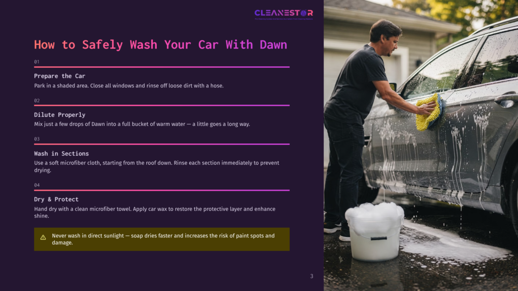 3 How To Safely Wash Your Car With Dawn Man In A Dark Shirt Washes A Gray Car With A Yellow Sponge, Creating A Lot Of White Soap Suds. A Bucket Of Suds Sits On The Ground Next To The Car. The Text &Quot;Cleanestor&Quot; Is Visible At The Top.