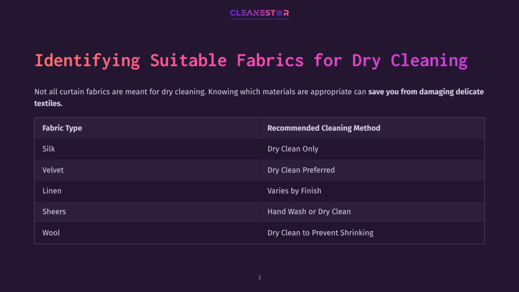 Table Listing Fabric Types, Including Satin, Velvet, And Silk, With Corresponding Recommended Dry Cleaning Methods, On A Dark Purple Background.