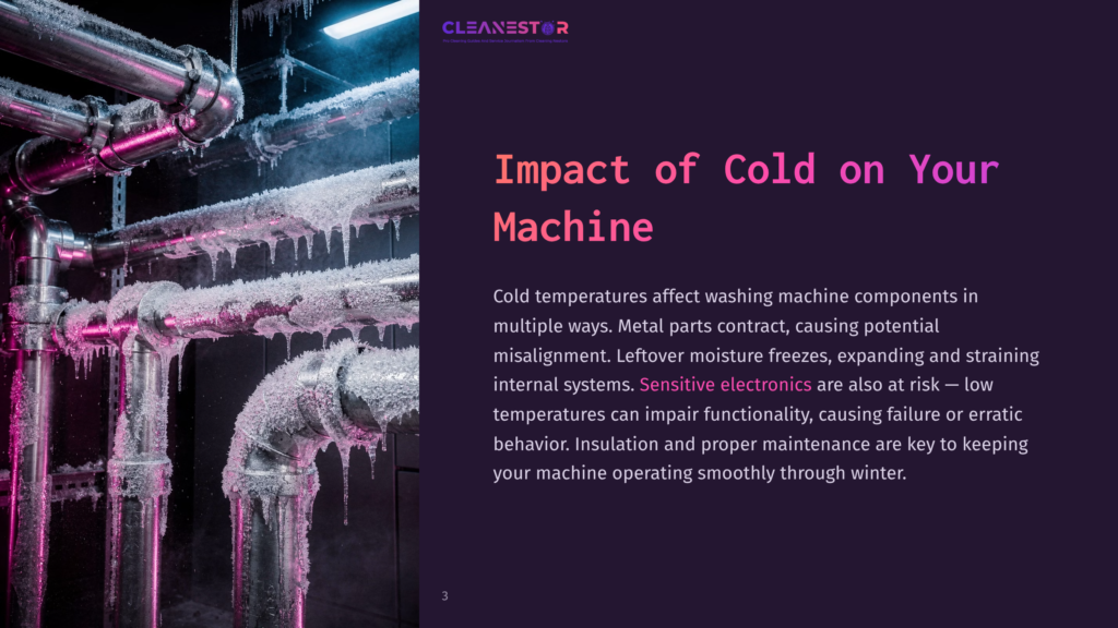 Pipes Covered In Ice With Visible Icicles, Showcasing The Impact Of Cold On Washing Machine Components In A Dark Environment.