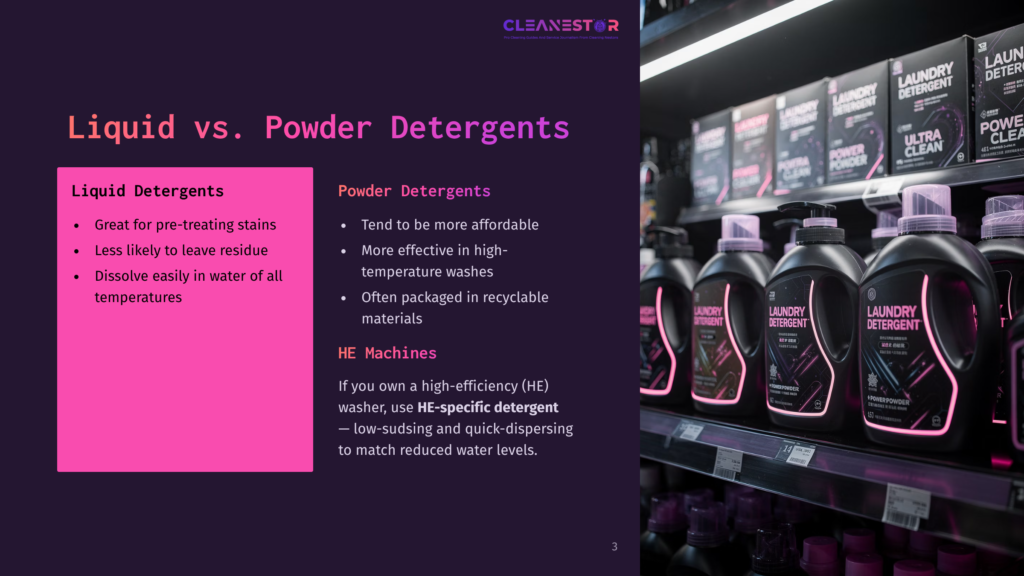 A Shelf Displaying Various Liquid And Powder Laundry Detergents, With Vibrant Packaging And Informative Text Highlighting Their Differences.