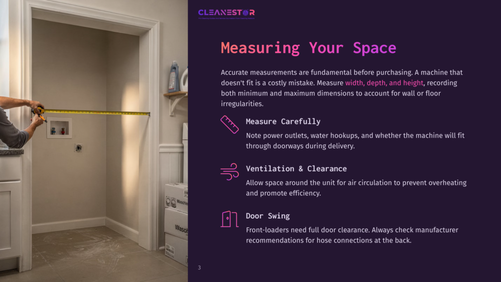 A Person Measures The Width Of A Doorway With A Yellow Tape Measure, With A Washing Machine Box Visible In The Background. The Image Also Features Text About Measuring Your Space For Appliance Installation.