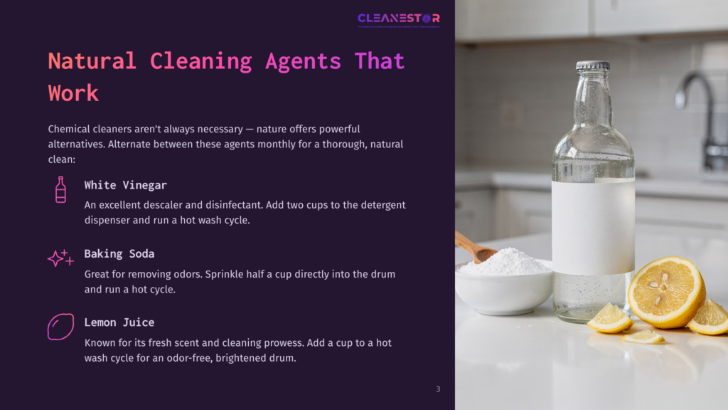 Natural Cleaning Agents: White Vinegar, Baking Soda, And Lemon Juice In Bottles And Bowls On A Kitchen Counter With A Bottle Of Soda And Lemons.