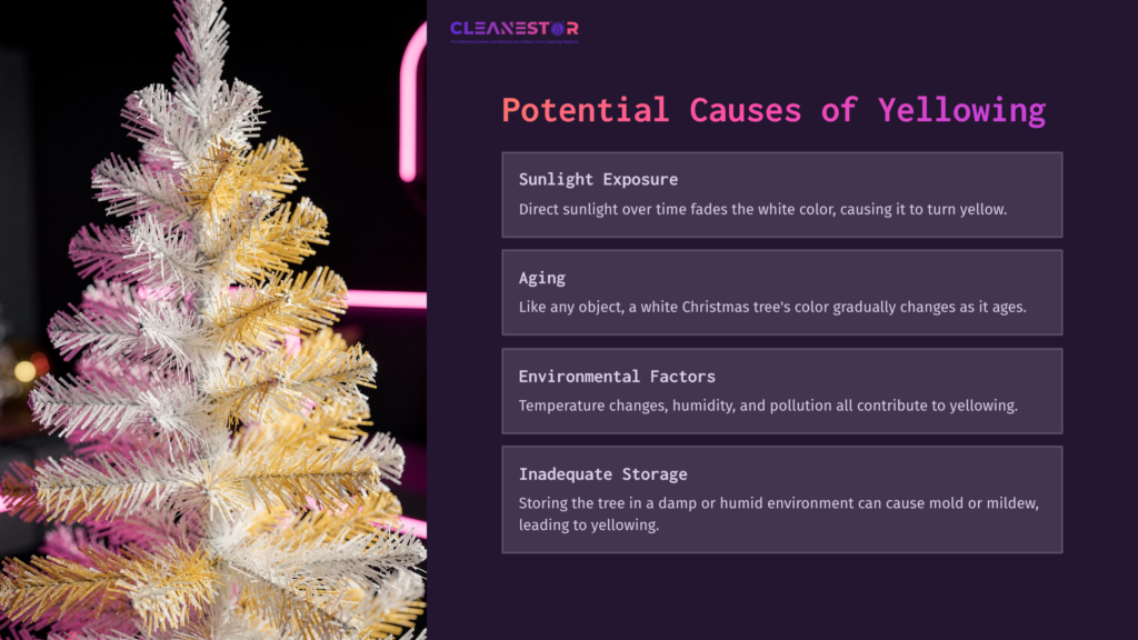 3 Potential Causes Of Yellowing A Snowy White Christmas Tree With Yellowed Tips Stands Beside A Neon-Lit Background. Text Outlines Causes Of Yellowing.