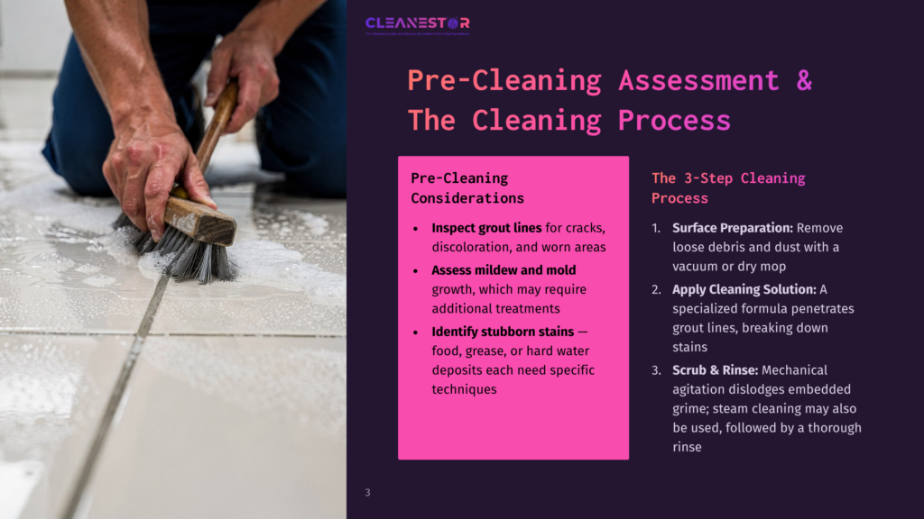 Close-Up Of A Person'S Hands Scrubbing A Tiled Floor With A Stiff Brush And Soapy Water, Demonstrating A Step In The Cleaning Process.