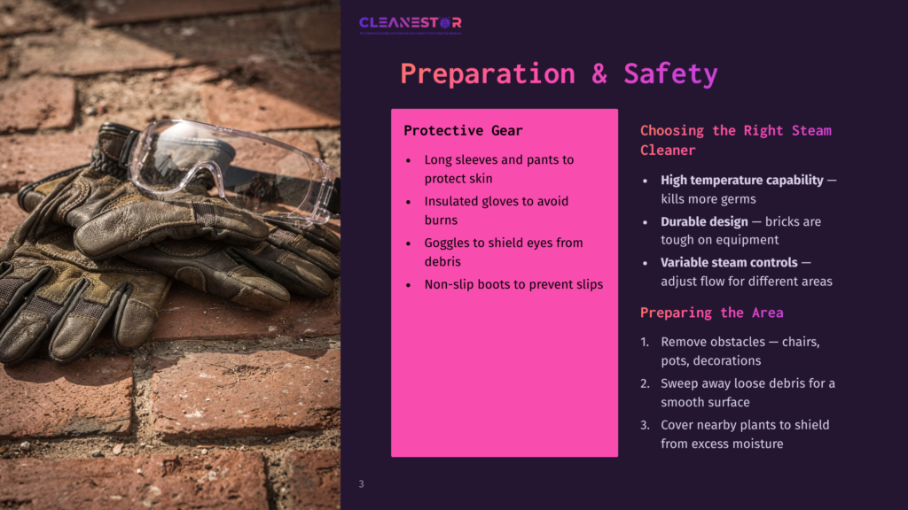 Close-Up Of Brown Leather Work Gloves And Safety Goggles Resting On A Red Brick Surface, With Text Overlay Detailing &Quot;Cleanestor Preparation &Amp; Safety&Quot; And Tips For Protective Gear And Steam Cleaning.