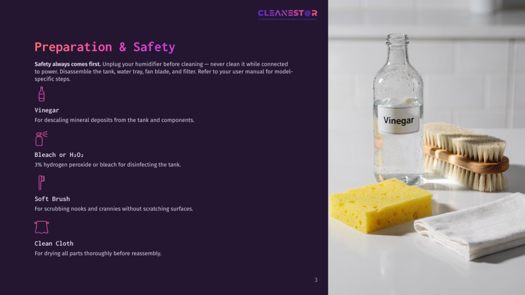 3 Preparation And Safety Vinegar, A Soft Brush, And A Yellow Sponge Sit On A White Countertop Next To A Bottle Of Vinegar And A Cleaning Brush, Ready For Humidifier Cleaning.