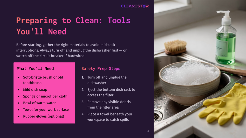 A Sink Filled With Soapy Water And A Scrub Brush, With Yellow Rubber Gloves And A Bottle Of Dish Soap Nearby. The Image Includes Text: &Quot;Cleanestor Preparing To Clean: Tools You'Ll Need Safety Prep Steps&Quot;.