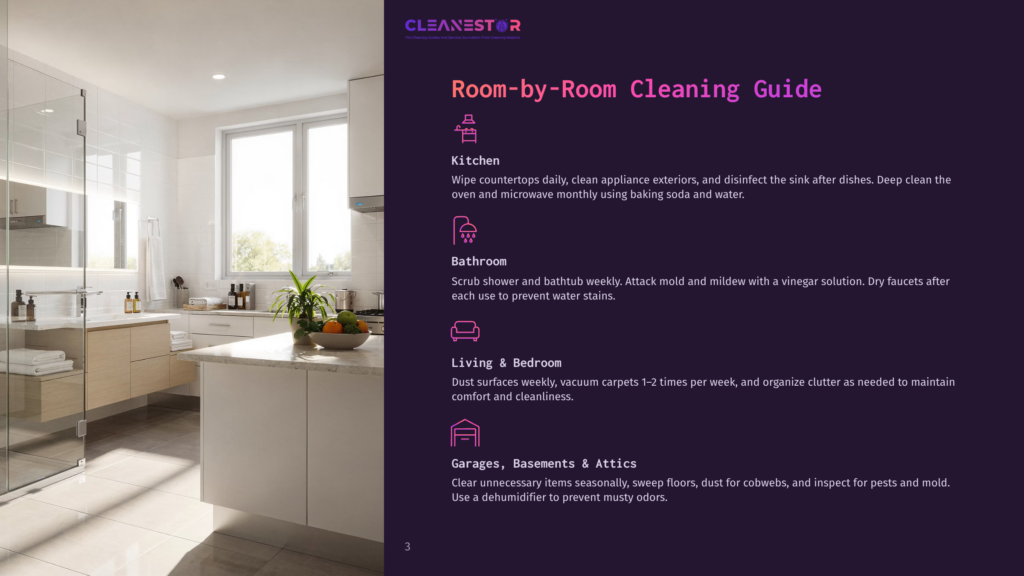 A Bright, Modern Kitchen With White Countertops, Stainless Steel Appliances, And A Large Window Overlooking A Sunny Outdoor Space. The &Quot;Cleanestor&Quot; Logo And &Quot;Room-By-Room Cleaning Guide&Quot; Text Are Visible.