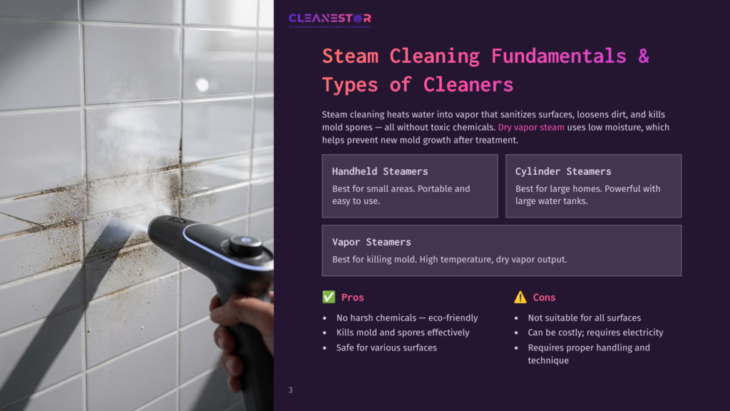 3 Steam Cleaning Fundamentals And Types Of Cleaners Handheld Steam Cleaner Spraying Powerful Steam Onto A Grimy Tiled Wall, Effectively Cleaning Mold And Dirt. &Quot;Cleanestor&Quot; Logo Visible.