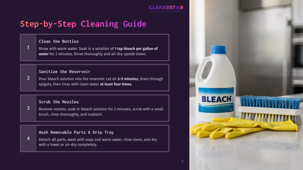 Step-By-Step Cleaning Guide For A Reservoir, Showing Bleach, Gloves, And A Brush. Text Includes &Quot;Clean The Bottles,&Quot; &Quot;Sanitize The Reservoir,&Quot; &Quot;Scrub The Nozzles,&Quot; And &Quot;Wash Removable Parts &Amp; Drip Tray.