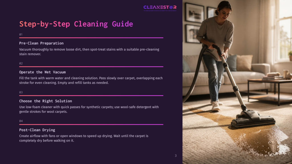 3 Step By Step Cleaning Guide 2 A Woman Uses A Carpet Cleaner On A Wet Rug In A Living Room, With A Step-By-Step Cleaning Guide Visible On The Left.