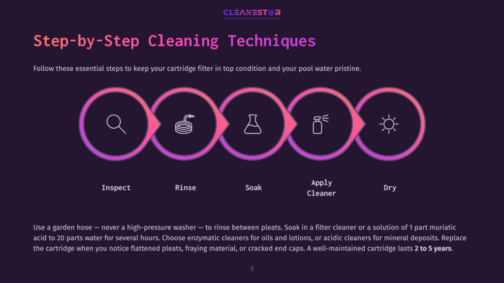 Infographic Showing The 5 Step-By-Step Cleaning Techniques For Pool Cartridge Filters: Inspect, Rinse, Soak, Apply Cleaner, And Dry. The Steps Are Illustrated With Colorful Icons Within Circular Frames.