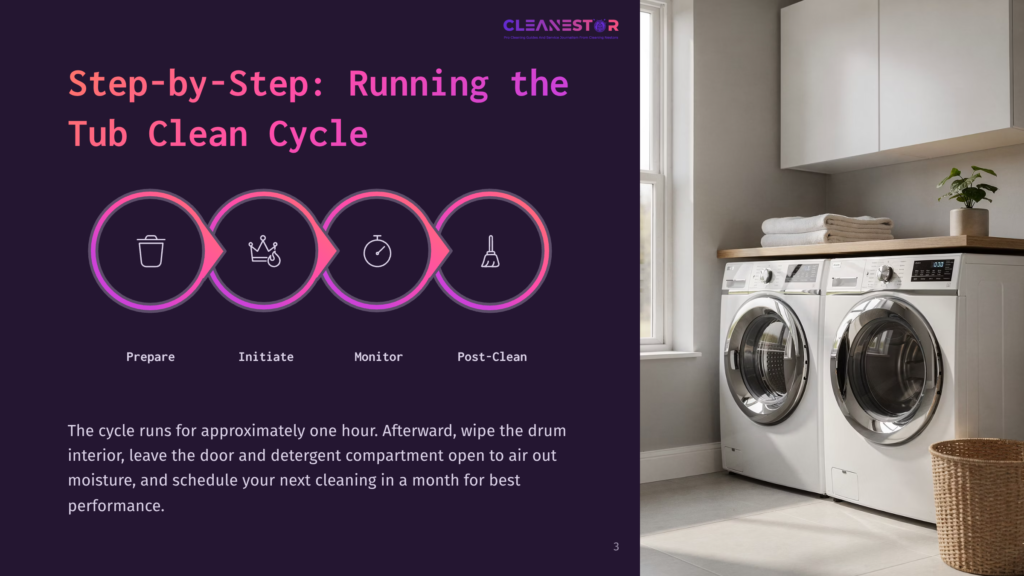3 Step By Step Running The Tub Clean Cycle Step-By-Step Guide To Running A Tub Clean Cycle On A Washing Machine, Featuring Icons For Prepare, Initiate, Monitor, And Post-Clean, With A Modern Laundry Room Setting.