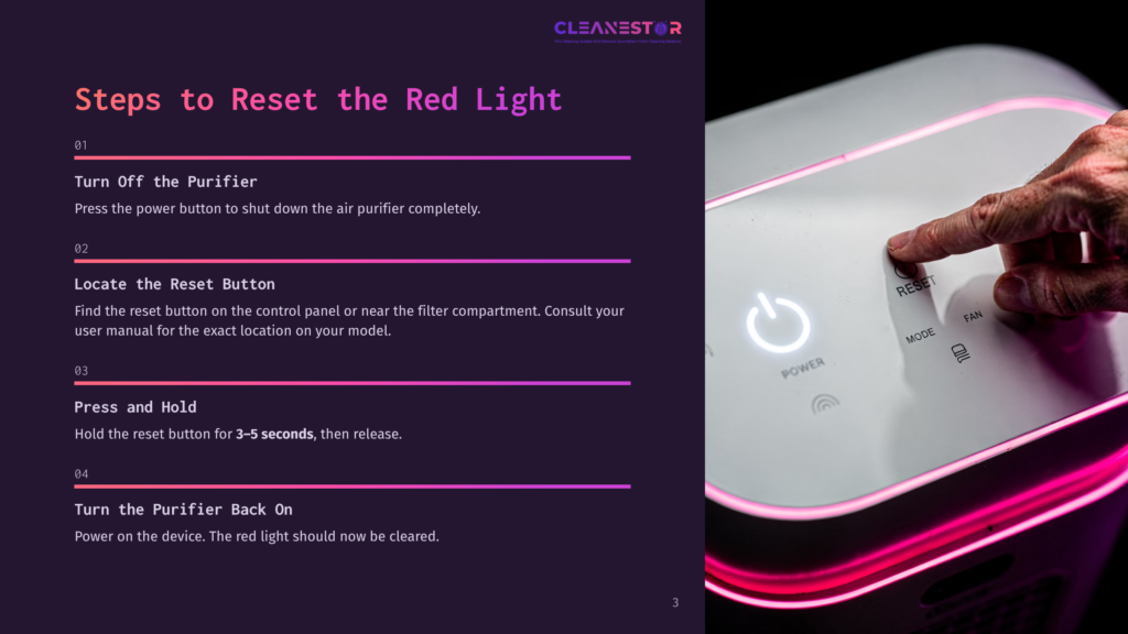 Close-Up Of A Levoit Air Purifier'S Control Panel, Featuring A Power Button And Reset Instructions On A Dark Purple Background.