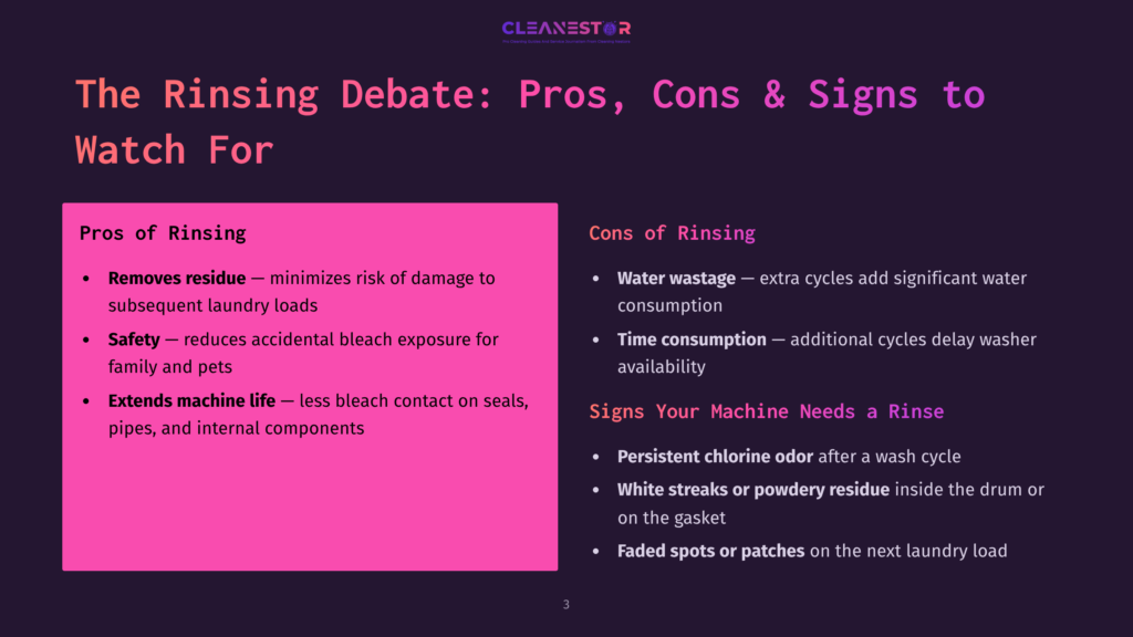 The Image Is A Presentation Slide Titled &Quot;The Rinsing Debate: Pros, Cons &Amp; Signs To Watch For&Quot;. It Features Two Columns: &Quot;Pros Of Rinsing&Quot; With Bullet Points About Removing Residue, Safety, And Extending Machine Life, And &Quot;Cons Of Rinsing&Quot; With Points About Water Waste, Time Consumption, Persistent Chlorine Odor, White Streaks, And Faded Spots.