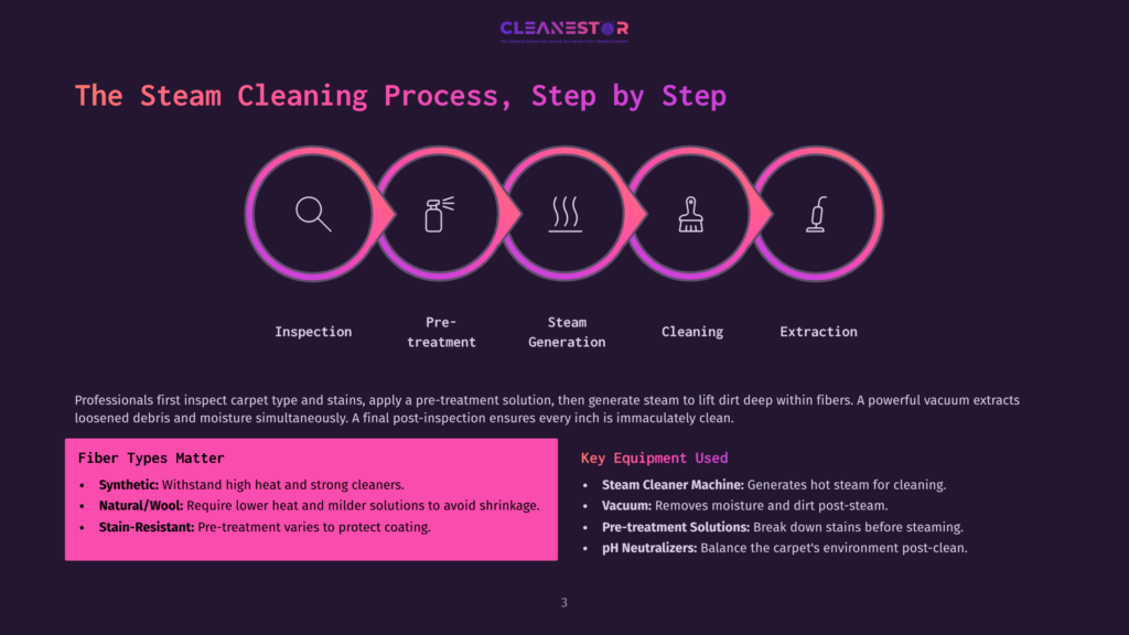 3 The Steam Cleaning Process Step By Step Infographic Illustrating The Steam Cleaning Process: Inspection, Pre-Treatment, Steam Generation, Cleaning, And Extraction, With Icons Representing Each Step. Text Explains Fiber Types And Equipment Used.