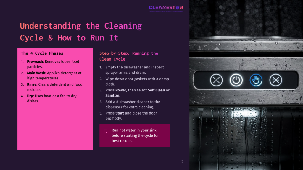 3 Understanding The Cleaning Cycle And How To Run It Close-Up Of A Modern Dishwasher'S Control Panel With Glowing Blue And White Icons For Power, Clean, And Sanitize. Water Droplets Streak Down The Stainless Steel Exterior.