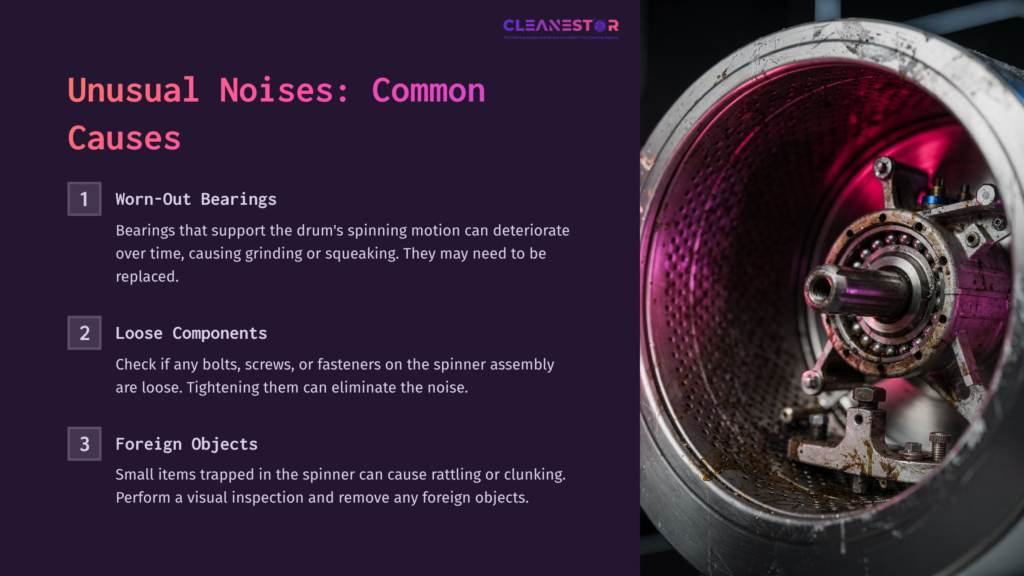 Close-Up Of A Washing Machine Spinner Showing Worn Bearings, With A Metallic Interior And A Dark Purple Background Highlighting Maintenance Tips.