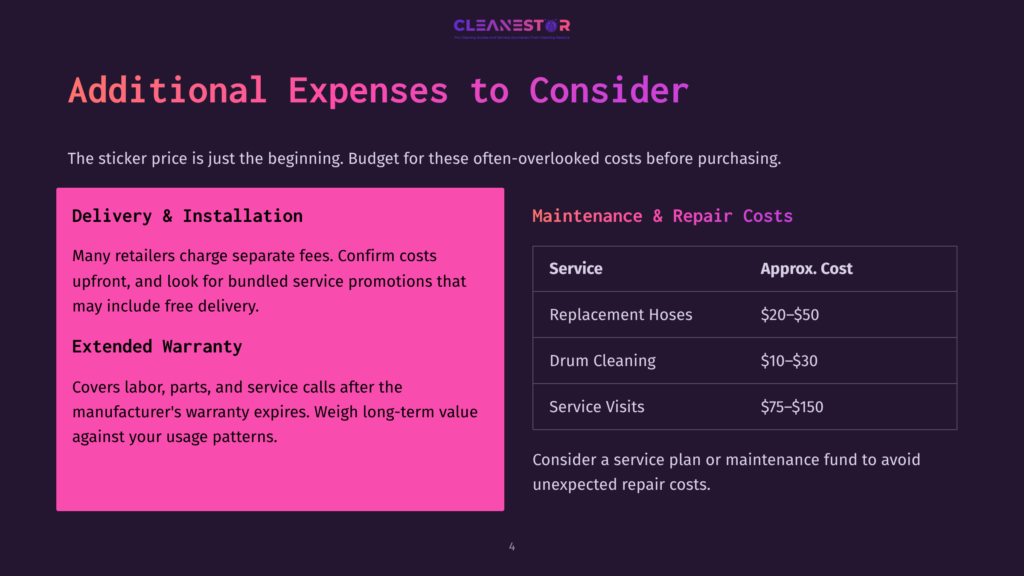Slide Titled &Quot;Additional Expenses To Consider&Quot; From Cleanestor, Detailing Delivery &Amp; Installation Costs And Maintenance &Amp; Repair Costs For Cleaning Services, With Estimated Prices For Replacement Hoses And Drum Cleaning.