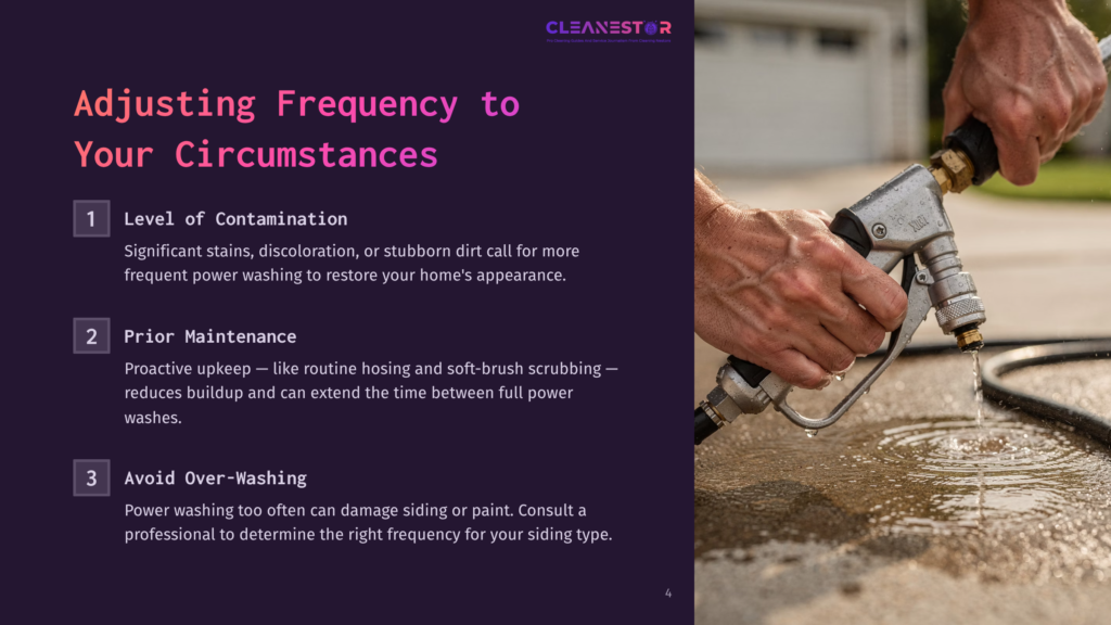 4 Adjusting Frequency To Your Circumstances A Person'S Hands Hold A Power Washer Spray Nozzle, Directing A Stream Of Water Onto A Concrete Surface. Text Overlays Discuss Adjusting Frequency For Siding And Prior Maintenance.