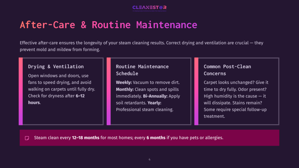4 After Care And Routine Maintenance Cleanestor After-Care And Routine Maintenance Guide: Drying And Ventilation, Routine Maintenance Schedule, And Common Post-Clean Concerns. Includes Tips For Carpet Longevity And Steam Cleaning Frequency.