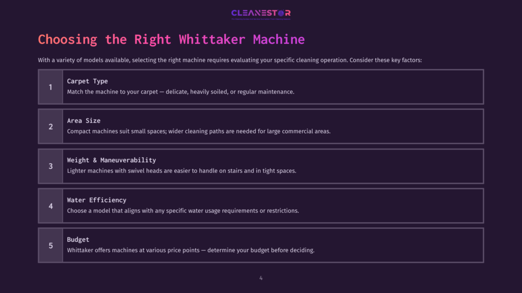 Choosing The Right Whittaker Machine: A Graphic Lists 5 Key Factors For Selecting A Carpet Cleaning Machine: Carpet Type, Area Size, Weight &Amp; Maneuverability, Water Efficiency, And Budget.
