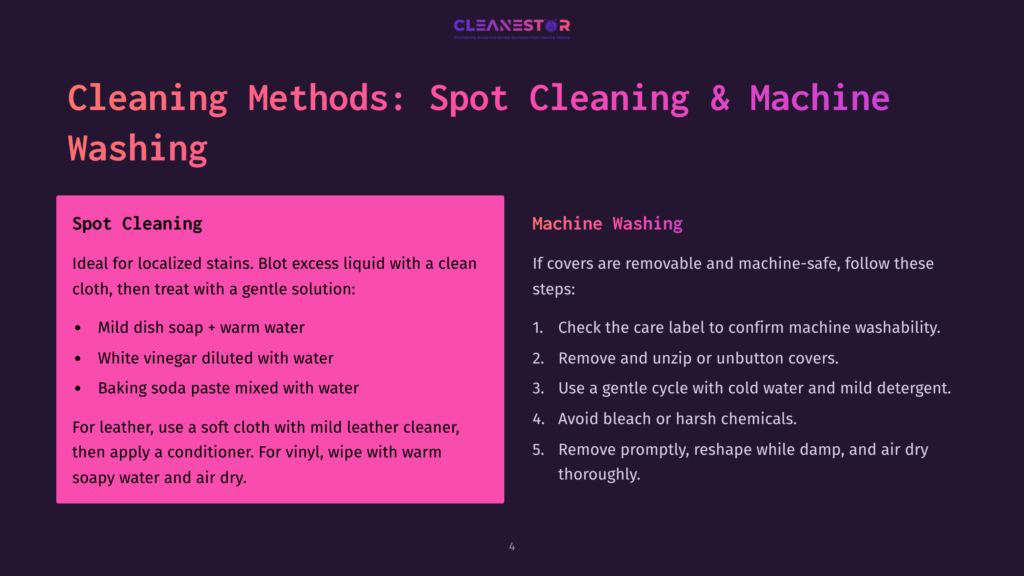 Slide Titled &Quot;Cleaning Methods: Spot Cleaning &Amp; Machine Washing&Quot; From Cleanestor, Detailing Spot Cleaning With Mild Soap, Baking Soda Paste, And Vinegar, And Machine Washing Instructions.