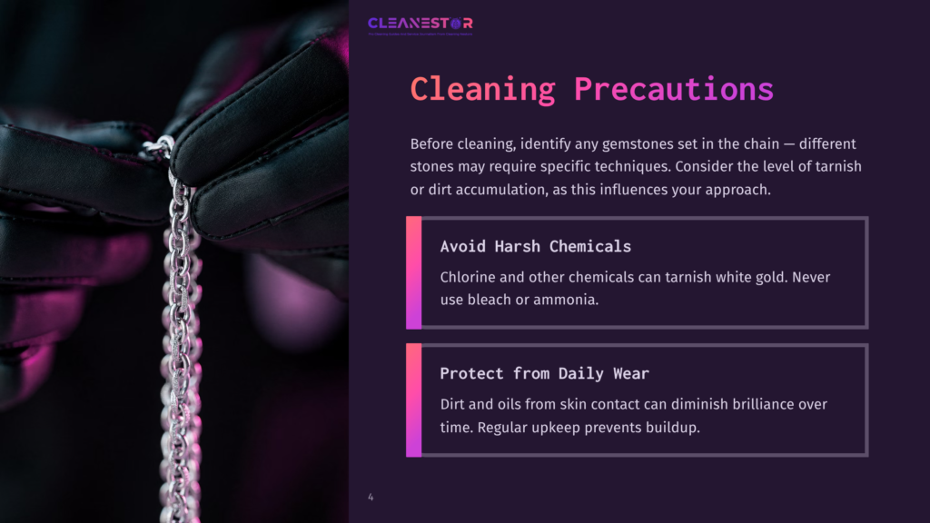 A Hand Holding A White Gold Chain Against A Dark Background, With Text Boxes Detailing Cleaning Precautions And Tips For Care.