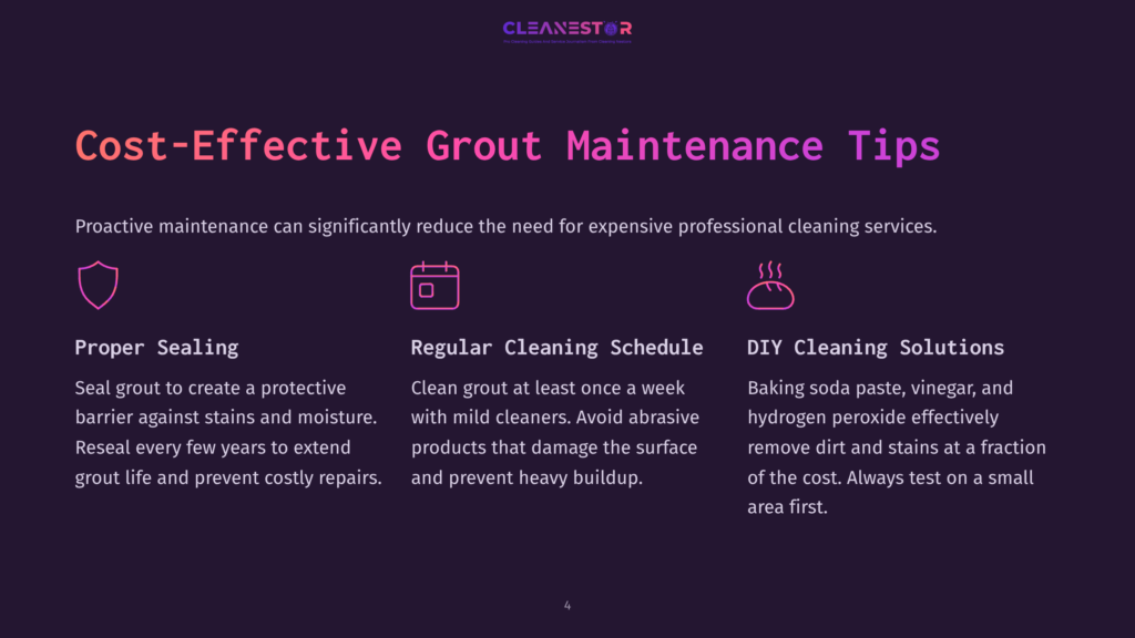 Cost-Effective Grout Maintenance Tips: Proper Sealing, Regular Cleaning Schedule, And Diy Cleaning Solutions Are Highlighted With Icons And Brief Descriptions.