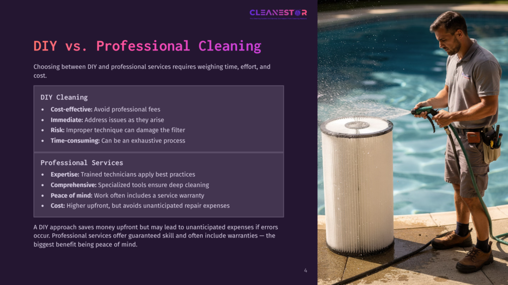 A Pool Maintenance Worker In A Blue Uniform Sprays A Pool Filter With A Hose, Cleaning It. The Image Is Part Of A Presentation Comparing Diy Vs. Professional Pool Cleaning.