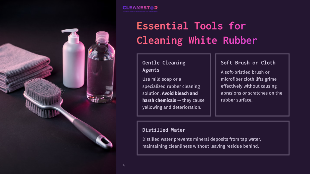 A Soft Brush, Cleaning Agents, And Water Bottle Displayed On A Dark Background, Highlighting Tools For Maintaining White Rubber Surfaces.