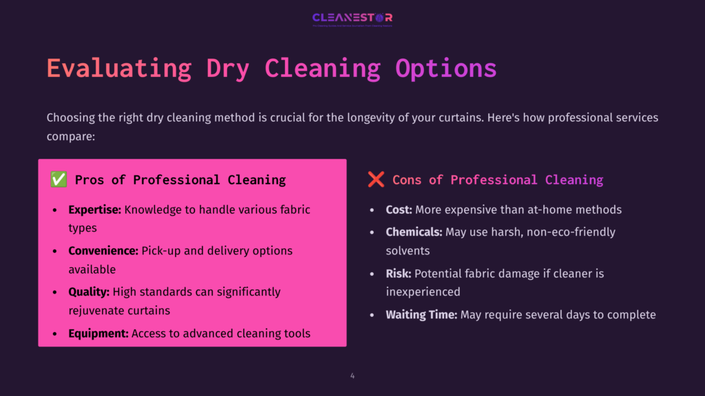 Bullet Points Outlining The Pros And Cons Of Professional Dry Cleaning For Curtains, With A Pink Background For Pros And A Purple Background For Cons.