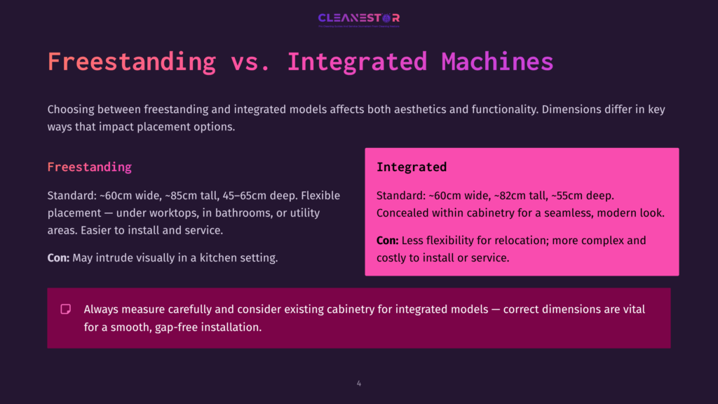 Comparison Of Freestanding And Integrated Machines, With Text Highlighting Dimensions, Pros, And Cons For Each Type Of Appliance Installation.