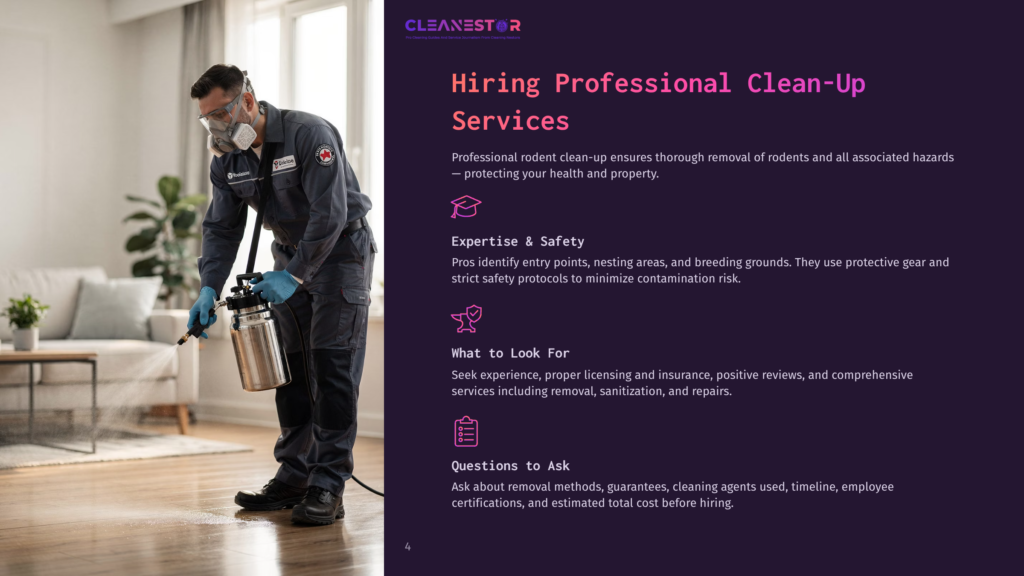 Professional Pest Control Technician In A Respirator And Protective Gear Sprays A Floor, Likely For Rodent Control, With A Cleanestor Logo Visible.