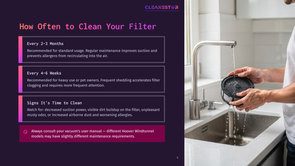 A Person Washes A Round, Black Vacuum Filter Under A Kitchen Faucet, With The &Quot;Cleanestor&Quot; Logo Visible On The Left Side Of The Image.