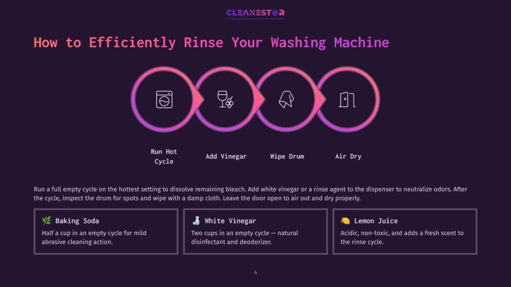 Infographic Illustrating How To Efficiently Rinse A Washing Machine, With Steps Including Running A Hot Cycle, Adding Vinegar, Wiping The Drum, And Air Drying. Features Icons For Each Step And Text Descriptions.