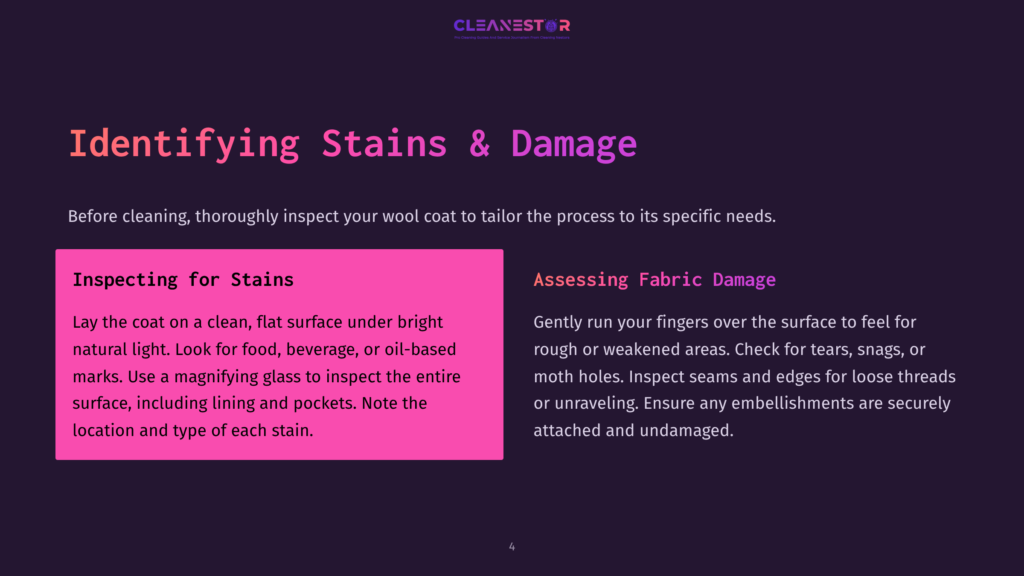 A Bright Pink Box Outlines Tips For Inspecting Stains And Assessing Fabric Damage On A Wool Coat, Set Against A Dark Background.