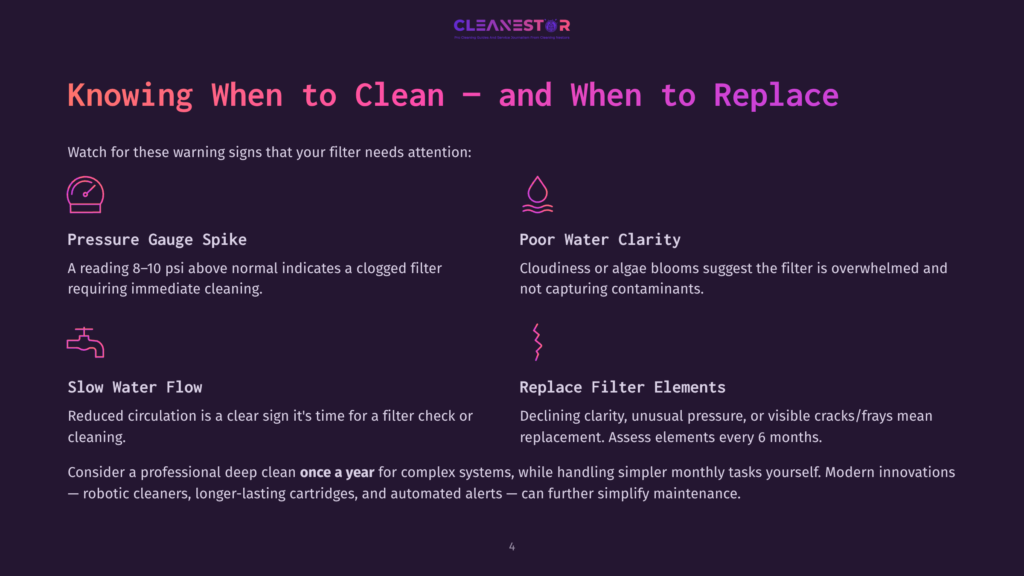 4 Knowing When To Clean And When To Replace Infographic Comparing When To Clean And When To Replace A Pool Filter. It Highlights Four Warning Signs: Low Pressure Gauge, Poor Water Clarity, Slow Water Flow, And Replaced Filter Elements.