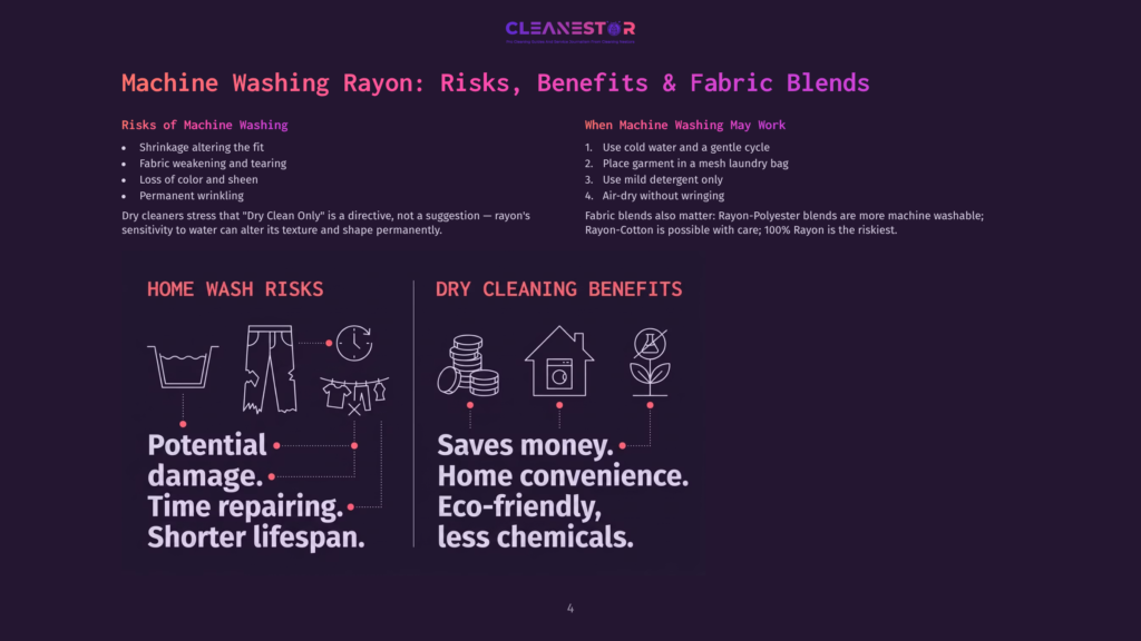 Infographic Comparing Home Washing And Dry Cleaning For Rayon And Rayon Blends. It Lists Risks Of Machine Washing Rayon, Benefits Of Dry Cleaning, And Provides Washing Tips.