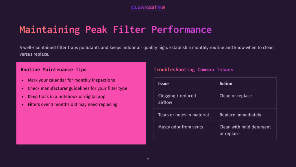 A Slide Titled &Quot;Maintaining Peak Filter Performance&Quot; From Cleanestor, Detailing Routine Maintenance Tips And Troubleshooting Common Issues For Air Filters.