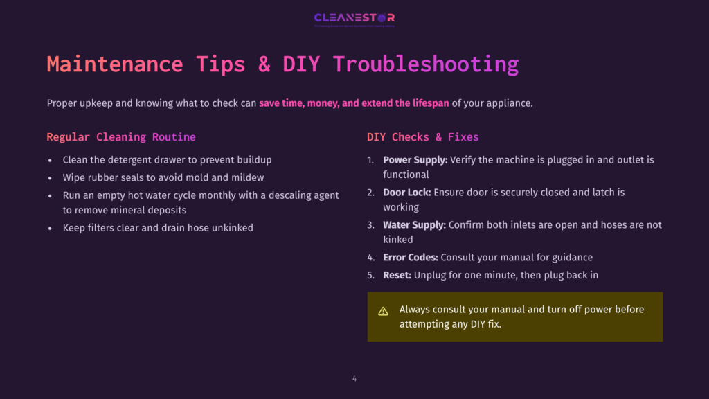 Purple Slide With &Quot;Cleanestor&Quot; Logo And &Quot;Maintenance Tips &Amp; Diy Troubleshooting&Quot; Title. Sections Detail &Quot;Regular Cleaning Routine&Quot; And &Quot;Diy Checks &Amp; Fixes&Quot; With Bullet Points.