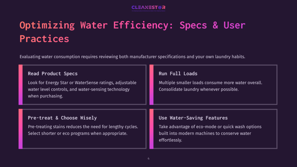 4 Optimizing Water Efficiency Specs And User Practices Infographic Titled &Quot;Optimizing Water Efficiency: Specs &Amp; User Practices&Quot; With Four Sections: &Quot;Read Product Specs,&Quot; &Quot;Run Full Loads,&Quot; &Quot;Pre-Treat &Amp; Choose Wisely,&Quot; And &Quot;Use Water-Saving Features.