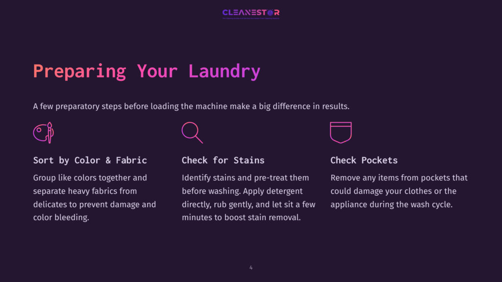 Text On A Purple Background Outlines Laundry Preparation Steps: Sorting By Color, Checking For Stains, And Inspecting Pockets.