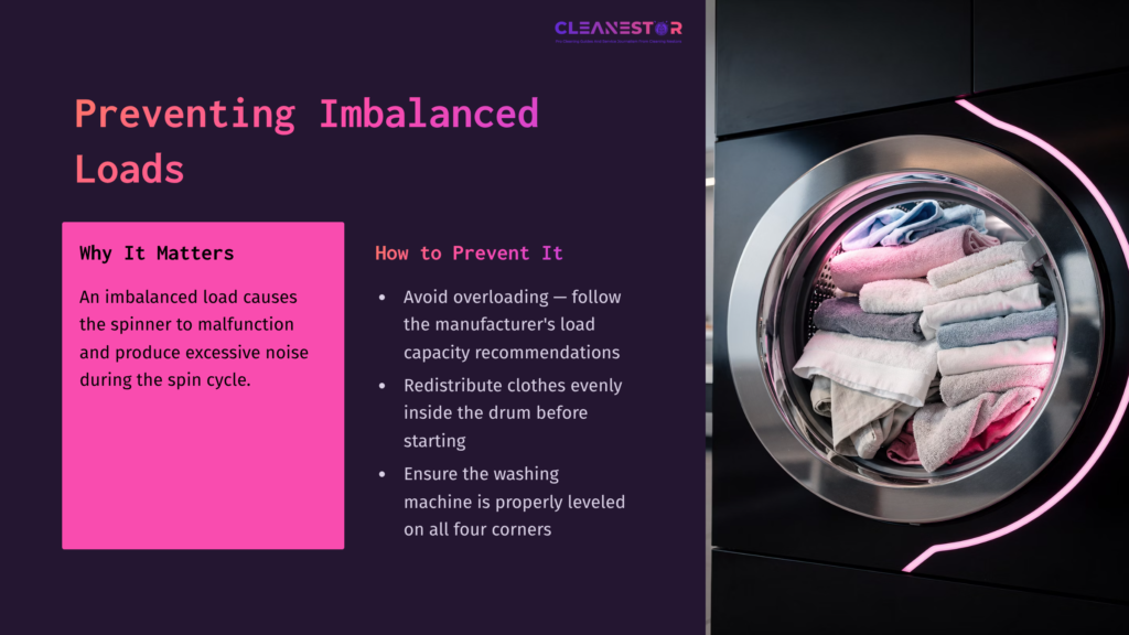 A Washing Machine Door Shows A Load Of Colorful Clothes, While Text Outlines The Importance Of Preventing Imbalanced Loads And Recommendations.