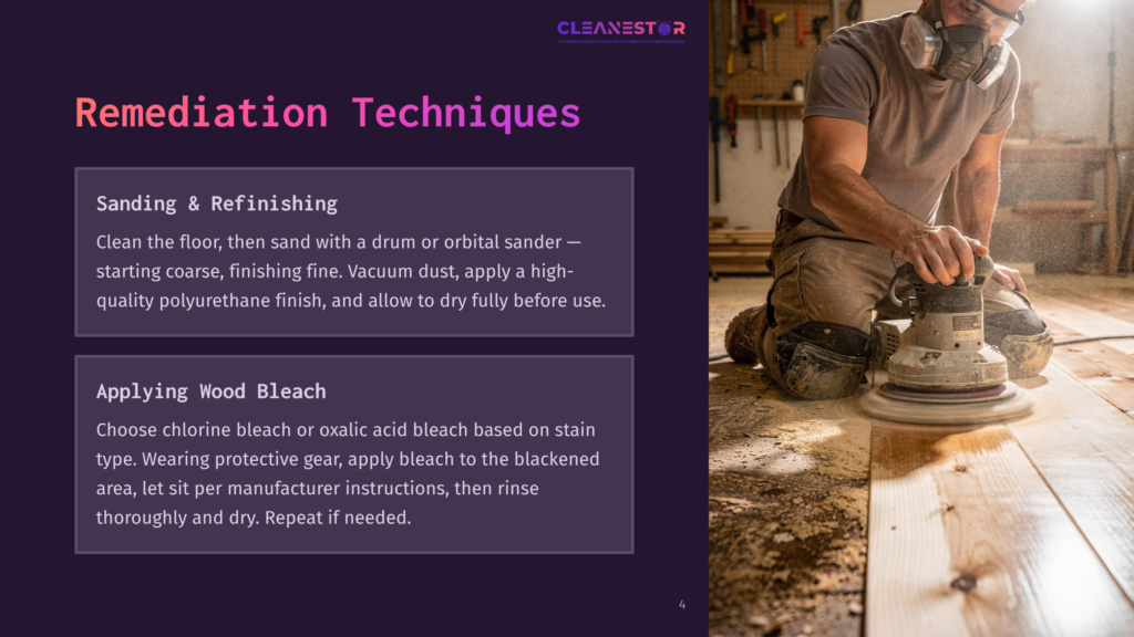 Man In Protective Gear Sands A Wooden Floor With A Power Sander, Demonstrating A Remediation Technique. Text Overlay: &Quot;Cleanestor Remediation Techniques: Sanding &Amp; Refinishing, Applying Wood Bleach.