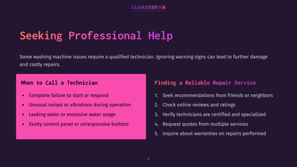 Text-Heavy Slide With A Dark Background. Key Points In White And Pink Highlight Sections, Outlining When To Seek Professional Help For Washing Machine Issues.