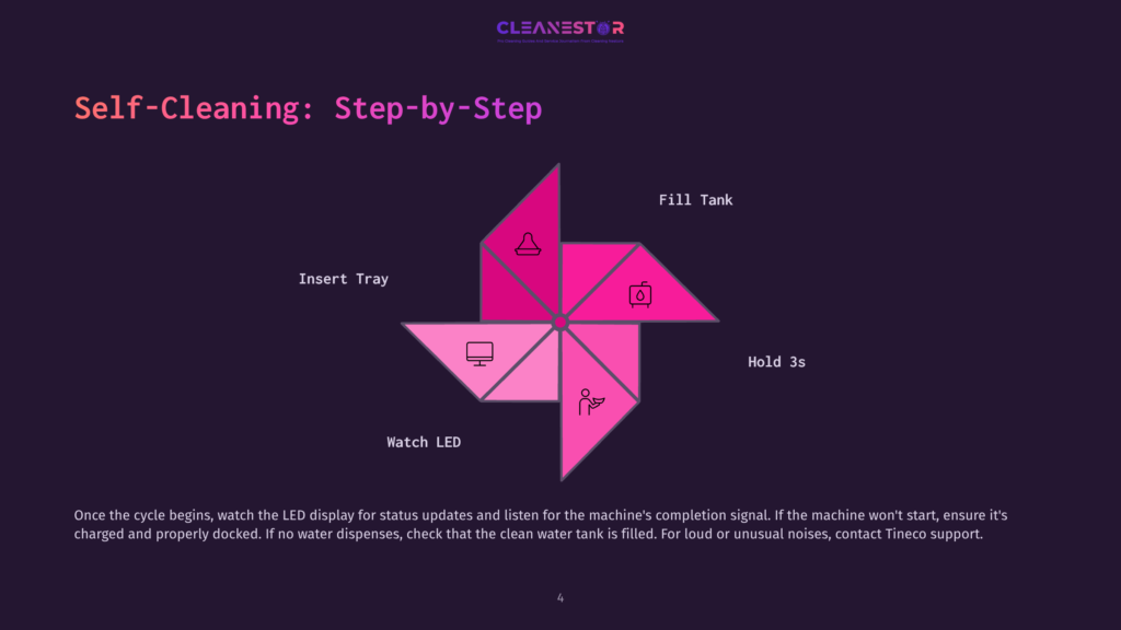 Diagram Illustrating The &Quot;Self-Cleaning: Step-By-Step&Quot; Process For A Cleanestor Device, Featuring A Pinwheel Design With Icons And Text For &Quot;Insert Tray,&Quot; &Quot;Fill Tank,&Quot; &Quot;Hold 3S,&Quot; And &Quot;Watch Led.